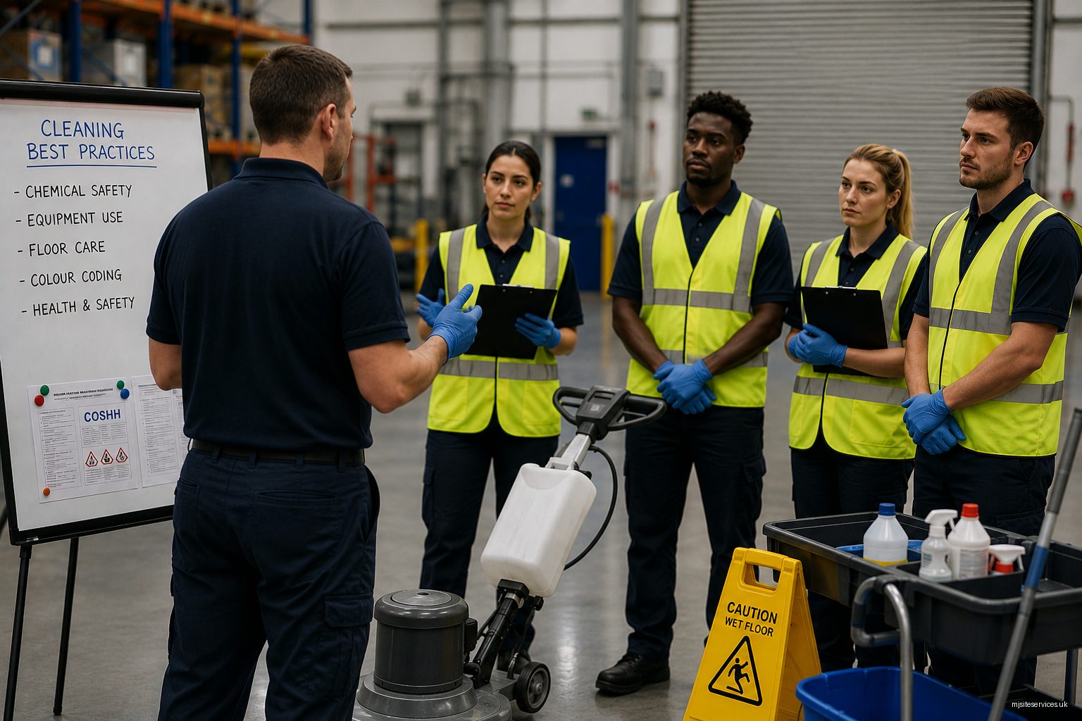 Cleaning staff training session on chemical safety and equipment use